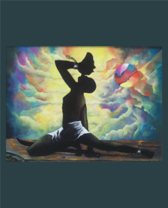 Pintura haitiana mostra silhueta de homem negro soprando uma concha.