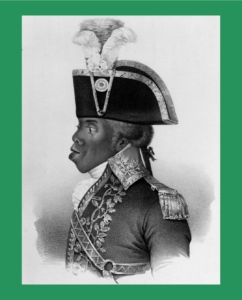 ilustração de Toussaint Louverture, exibe o perfil do busto de um homem negro, vestido em uniforme do exército francês.