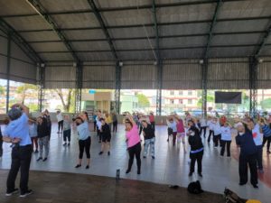 Visão frontal de um grupo de pessoas idosas fazendo alongamentos.